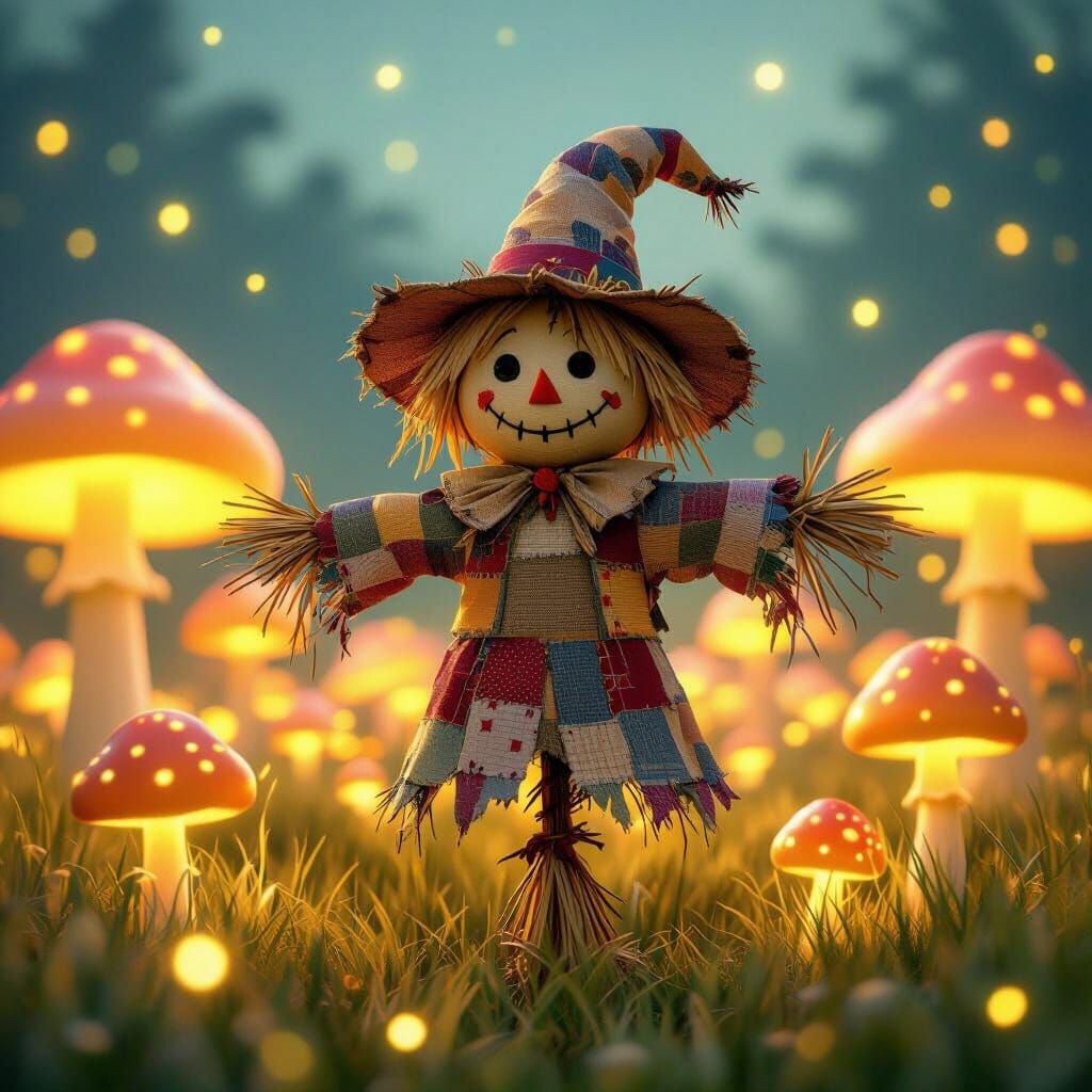 Whimsical Patchwork Scarecrow Guards Glowing Mushroom Field