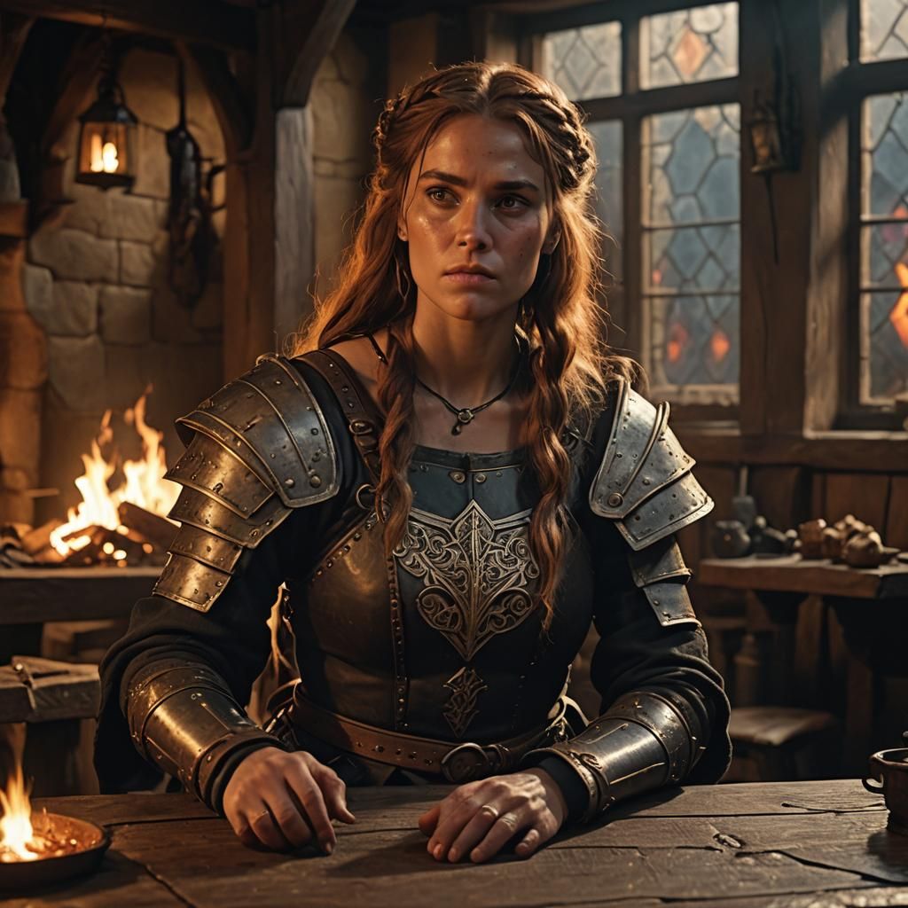 Female Barbarian in Dimly Lit Medieval Inn