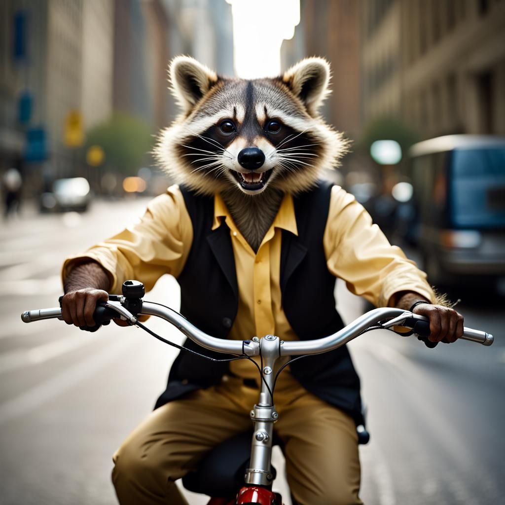 Raccoon Rides Bike in City: Professional Portrait