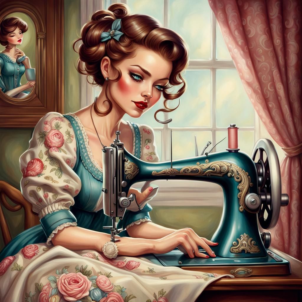 Woman Sewing with Sewing Machine