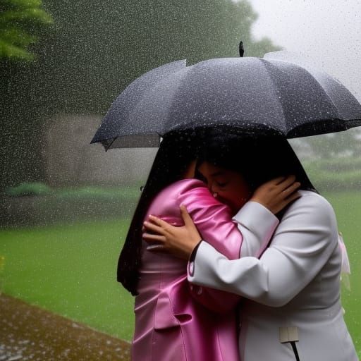 Girls Crying and Hugging in Pouring Rain