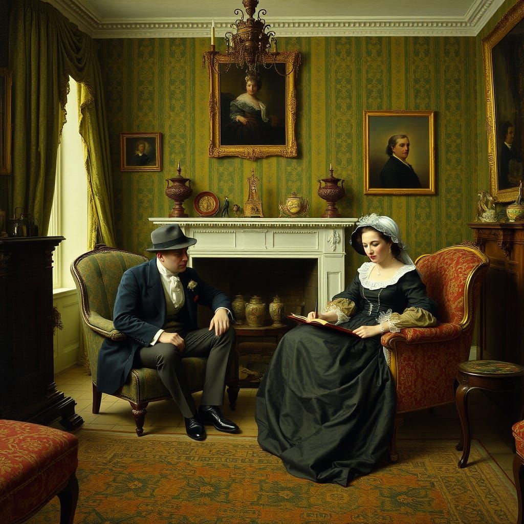 Victorian Couple in Sitting Room: Pre-Raphaelite Style