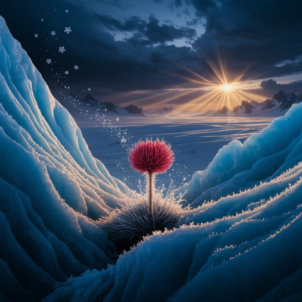 Crimson Flower Blooms on a Glacier in Dramatic Light