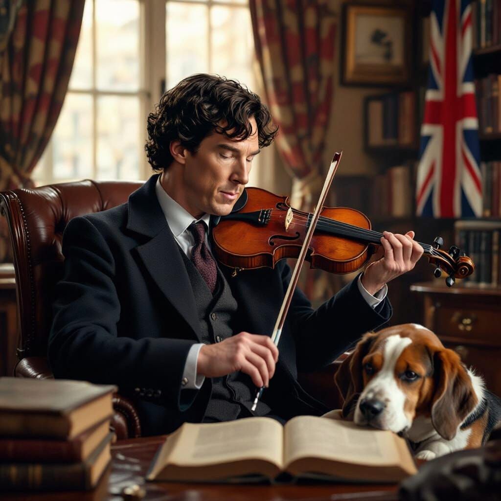 Sherlock Holmes Playing Violin in Cozy 221B Scene