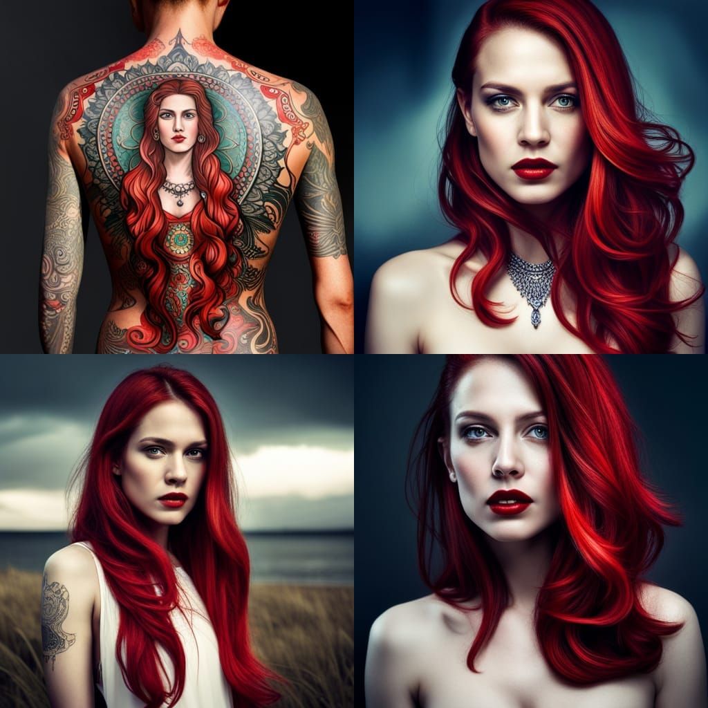 Beautiful Woman with Long Red Hair and Tattoos