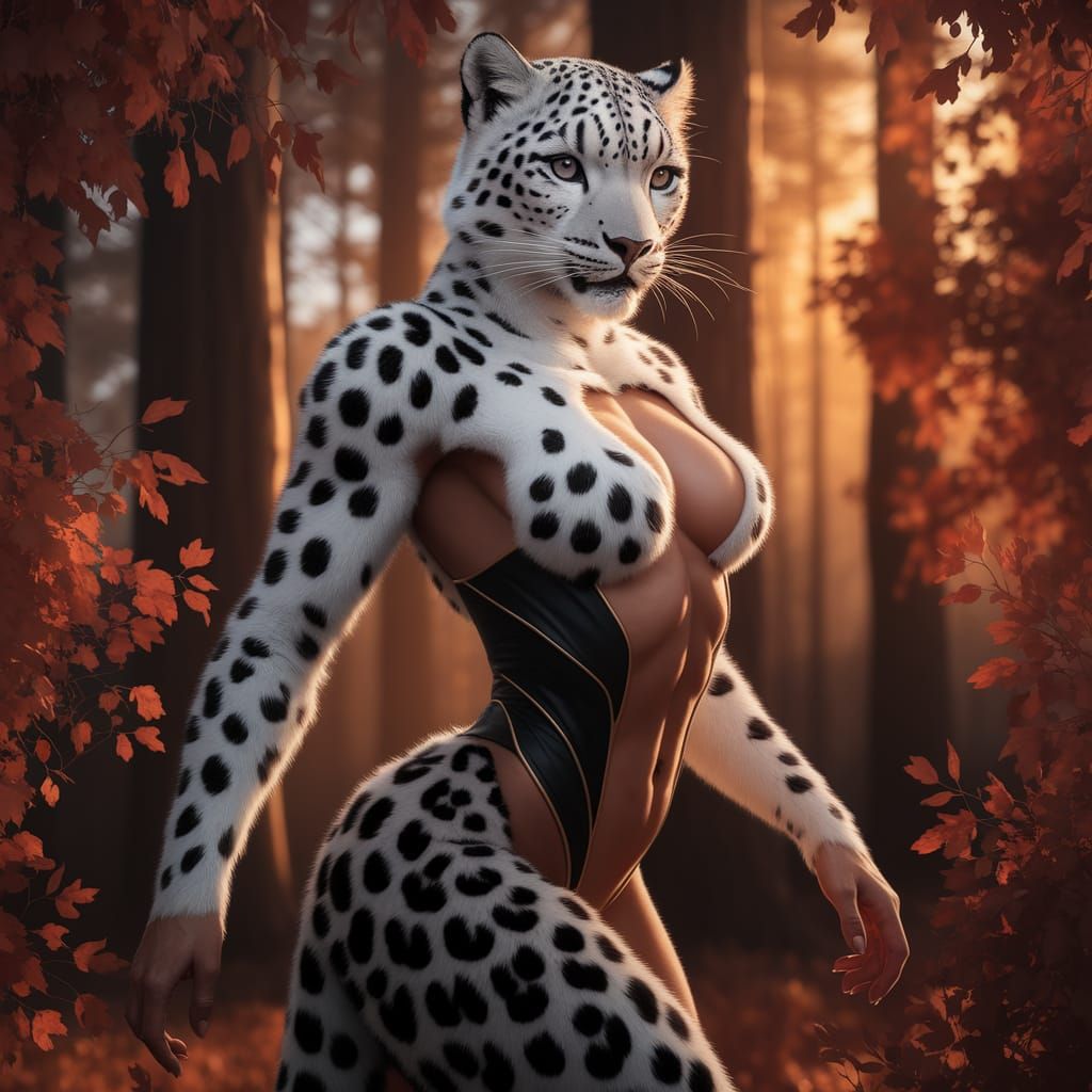 Woman Embodies Snow Leopard Power in Golden Forest