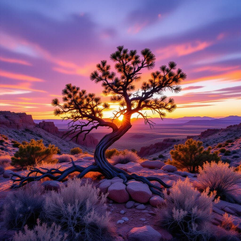 Windswept Juniper Tree at Sunset in Owyhee Desert