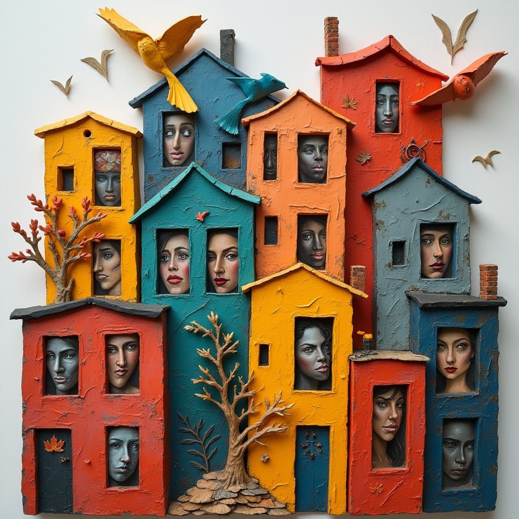 Cubist Bird Buildings with Face Photographs in Primary Color...
