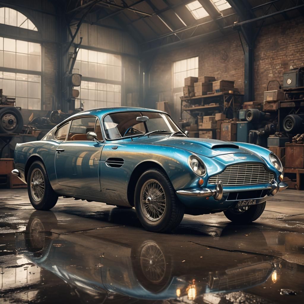 Shiny Aston Martin Classic Car in Golden Hour Splash Art