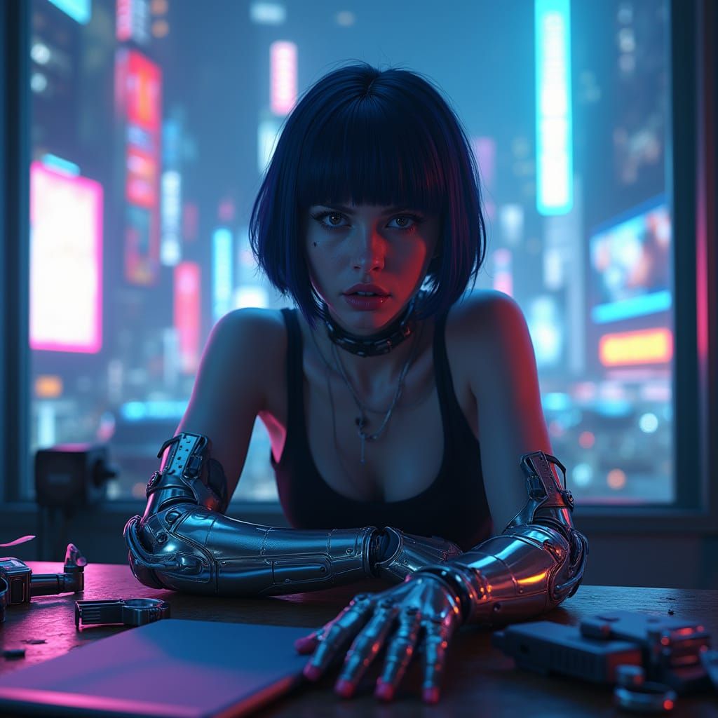 Cyberpunk Woman in Neon City Apartment