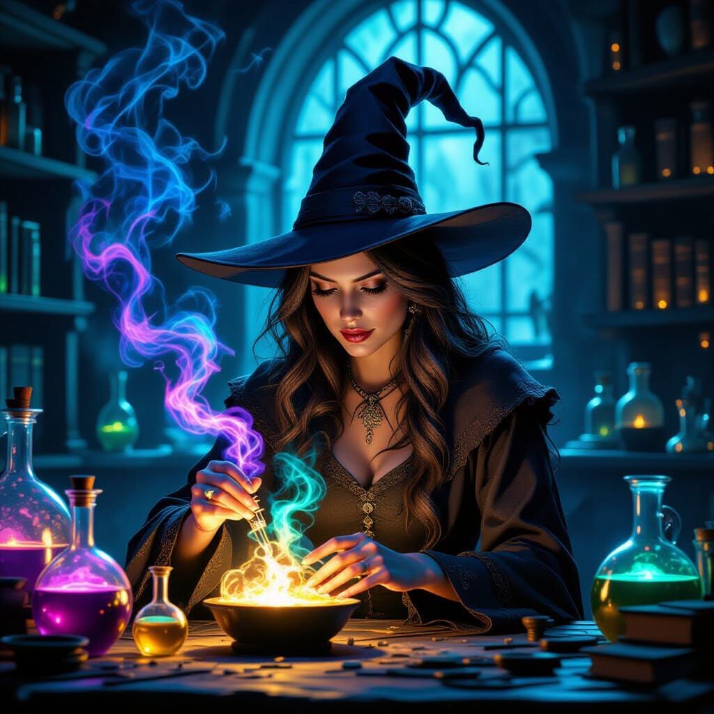 Mysterious Witch Brews Glowing Potions in Dim Lab