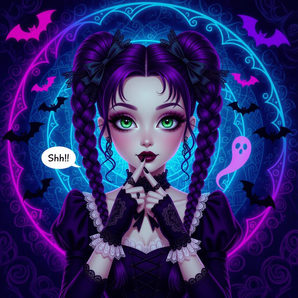 Gothic Character Whispers Secrets Amidst Neon Vortex