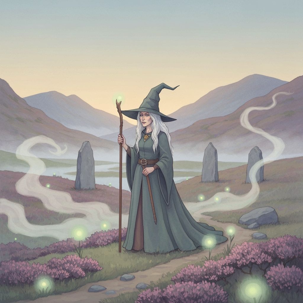 Faery Witch in Scottish Highlands, Pastel Watercolor Style