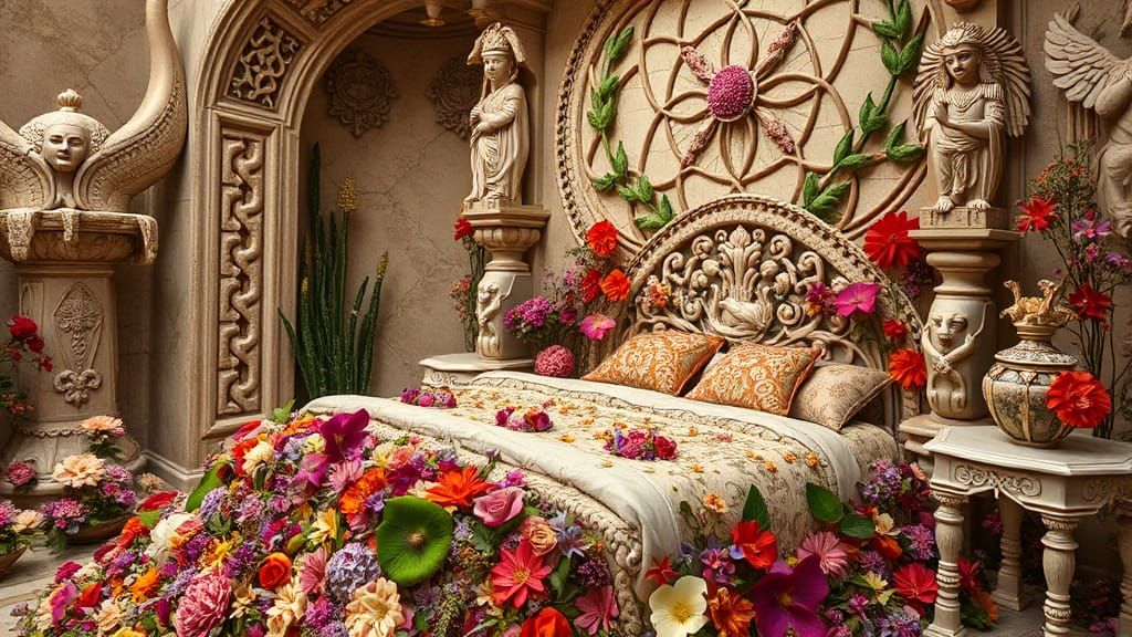 Surreal Egyptian Flower Bed: Fairytale Digital Art