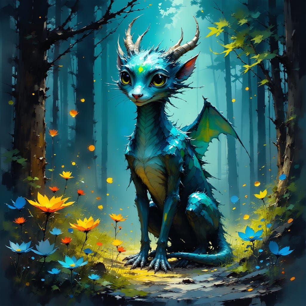 Dragon-like Creature in Mystical Forest, Digital Painting