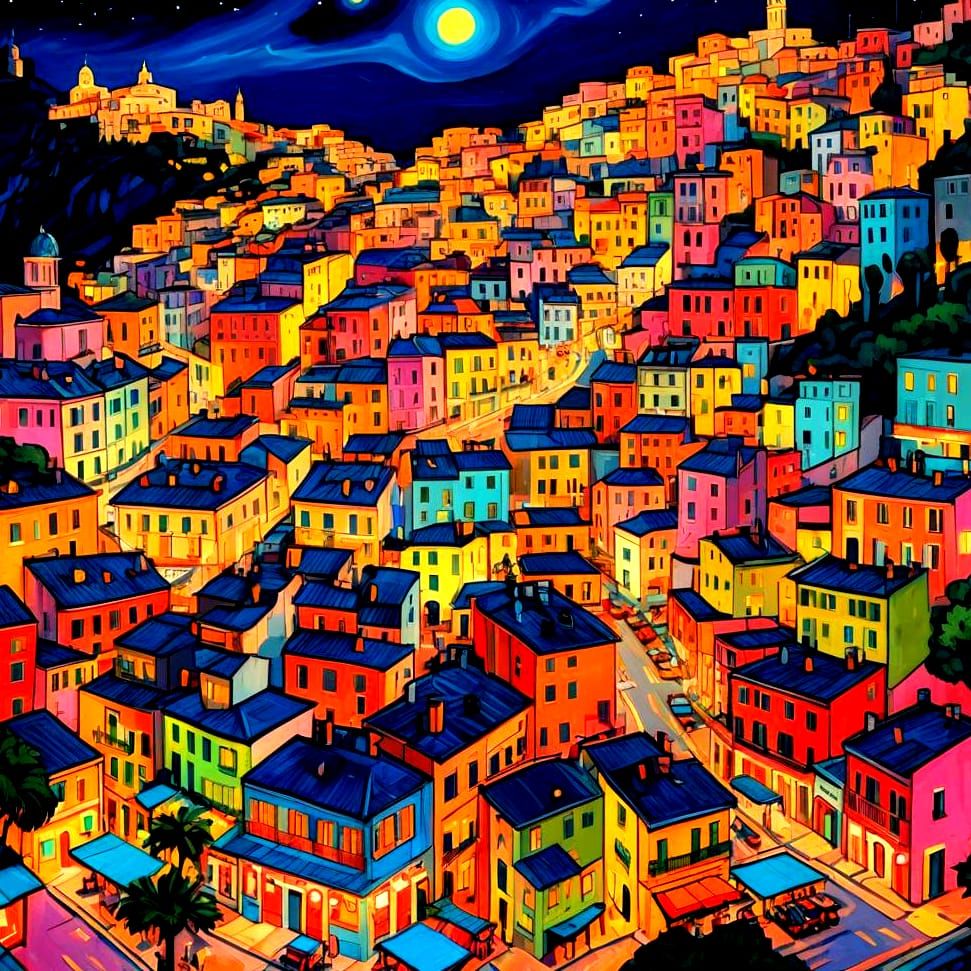 Amalfi Coast Night in Colorful Warhol Pastel Style