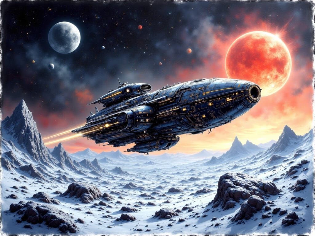 Spacecraft Navigates Icy Asteroid Field Near Nebula