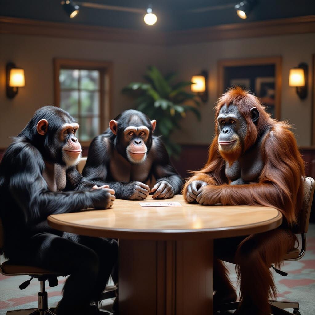 Chimpanzee Quiz Show Panel with Orangutan Host