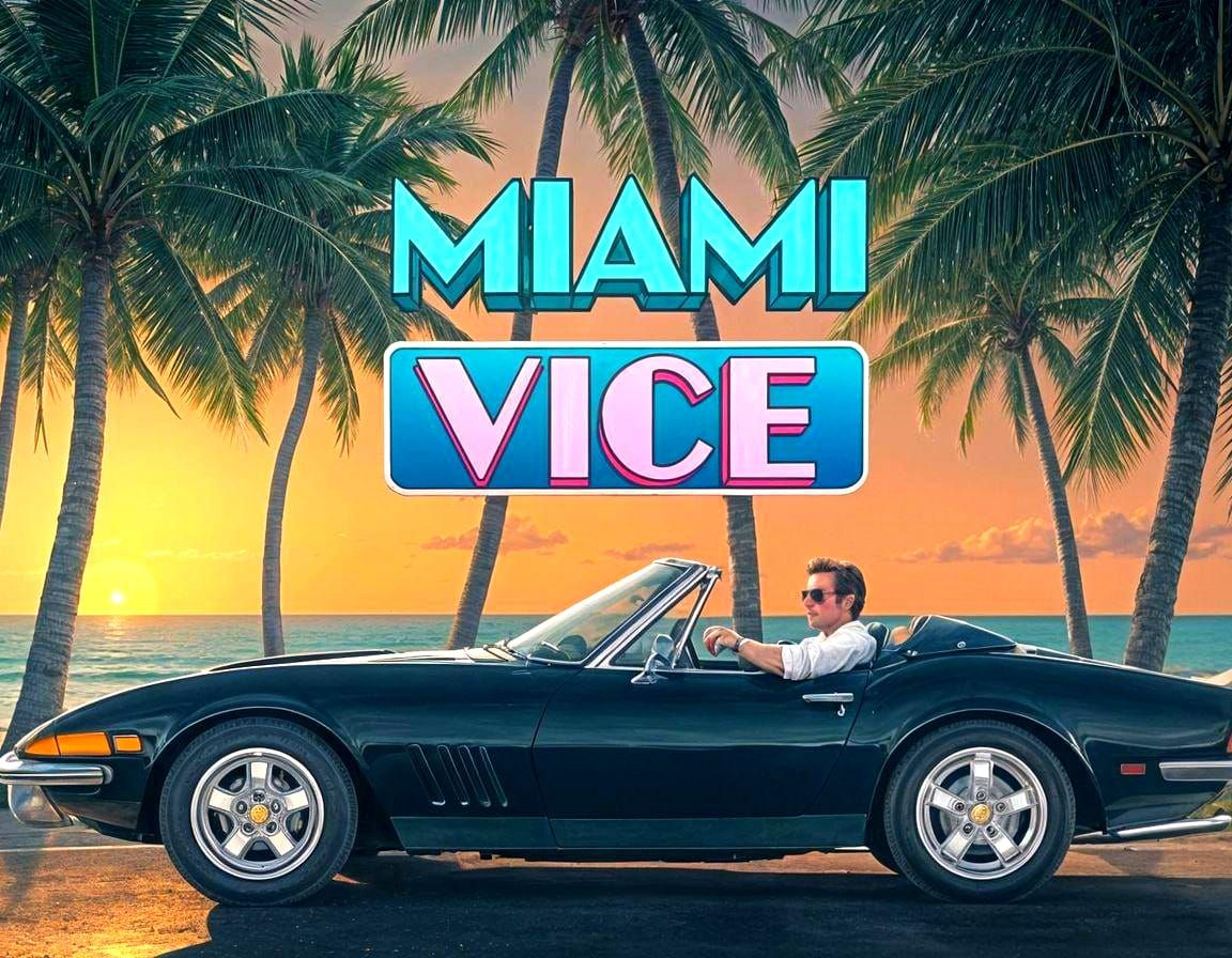 Miami Vice Sunset: Hyperreal Watercolor Synthwave Painting