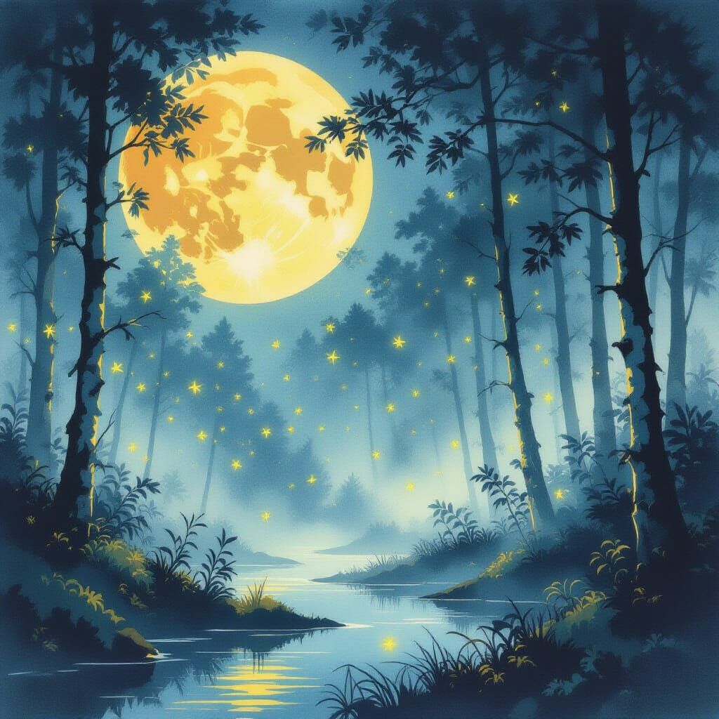 Fireflies Dance in Enchanted Forest, Shin Hanga Inksplash