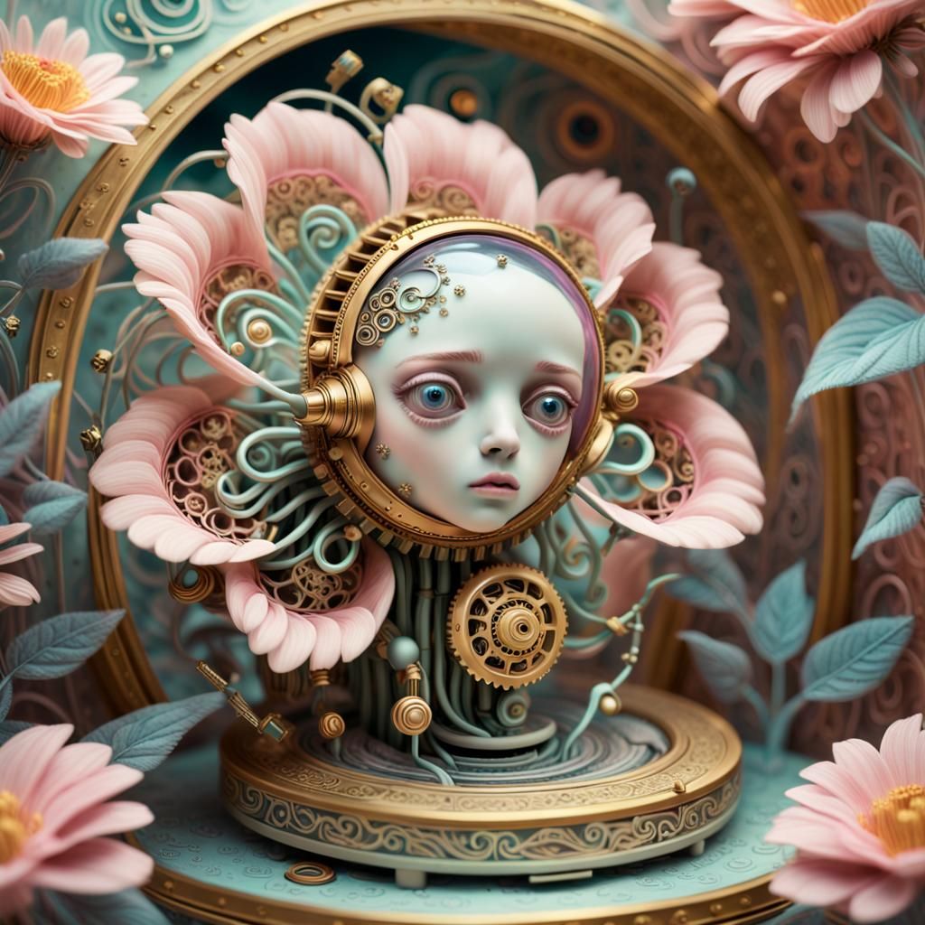 Surreal Diorama of a Dreamlike Automaton in a Floral Wonderl...
