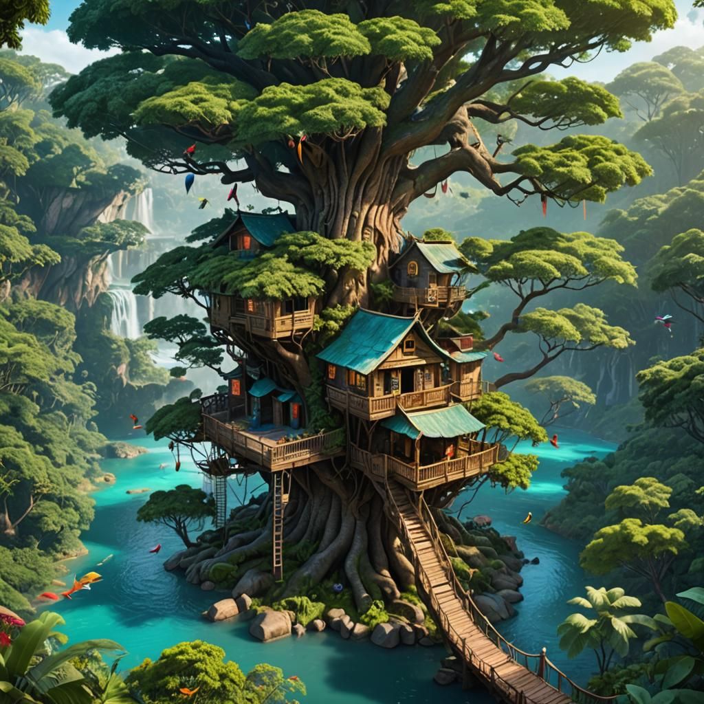 Jungle Treehouse Matte Painting with Colorful Birds