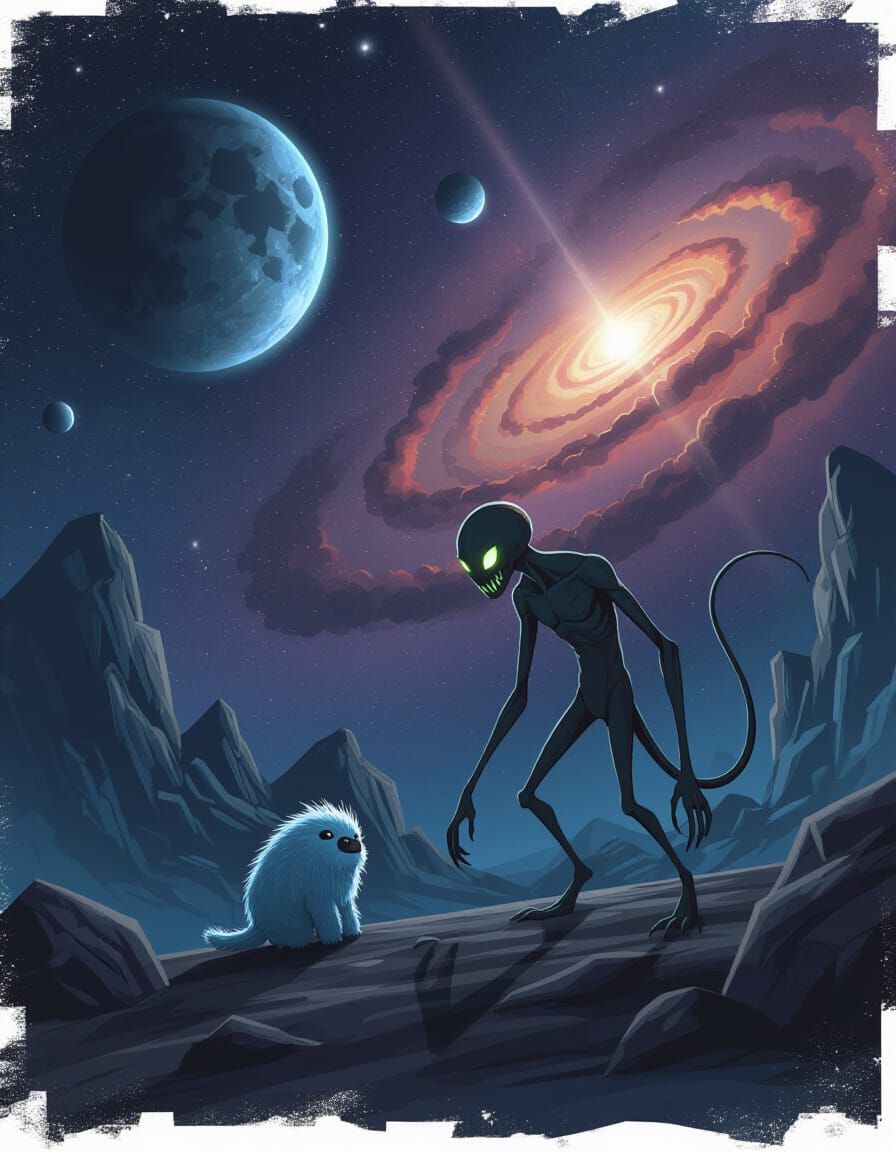 Alien Planet with Lurking Creature Under Supernova