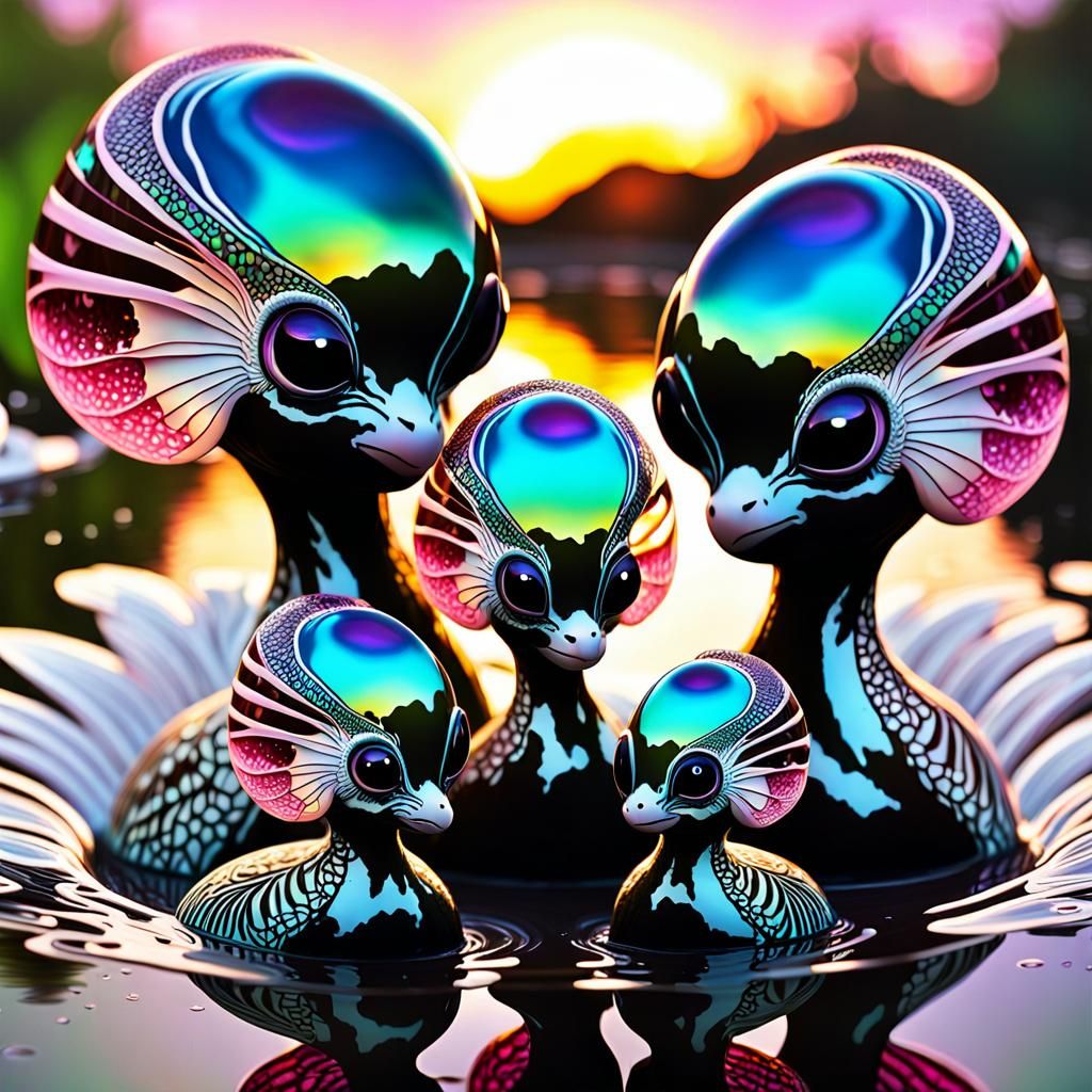 Intricate Alien Newborns Hatching in Oil Slick Mosaic