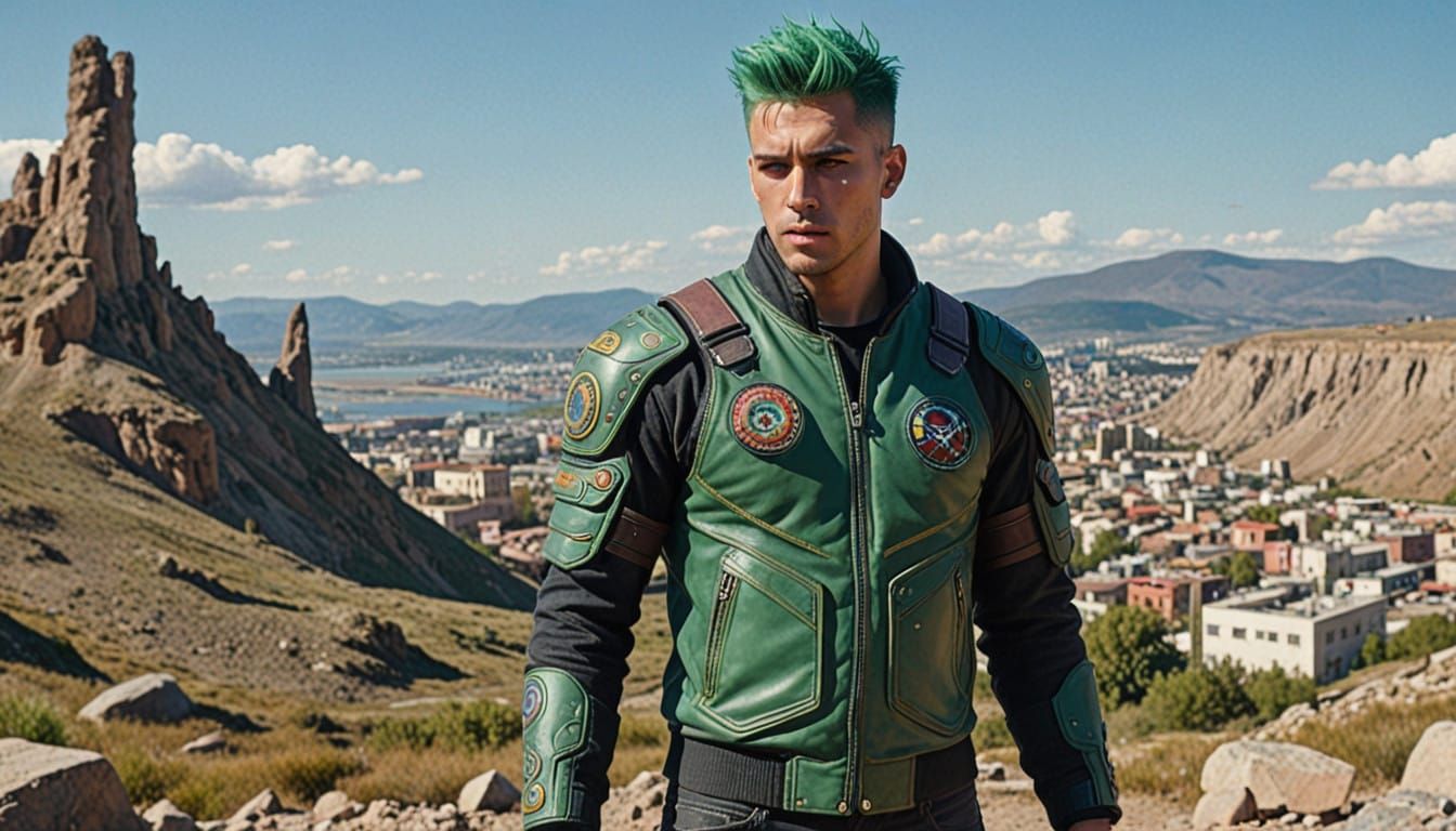 Attractive Mercenary Warrior in a Vibrant Sci-Fi Landscape