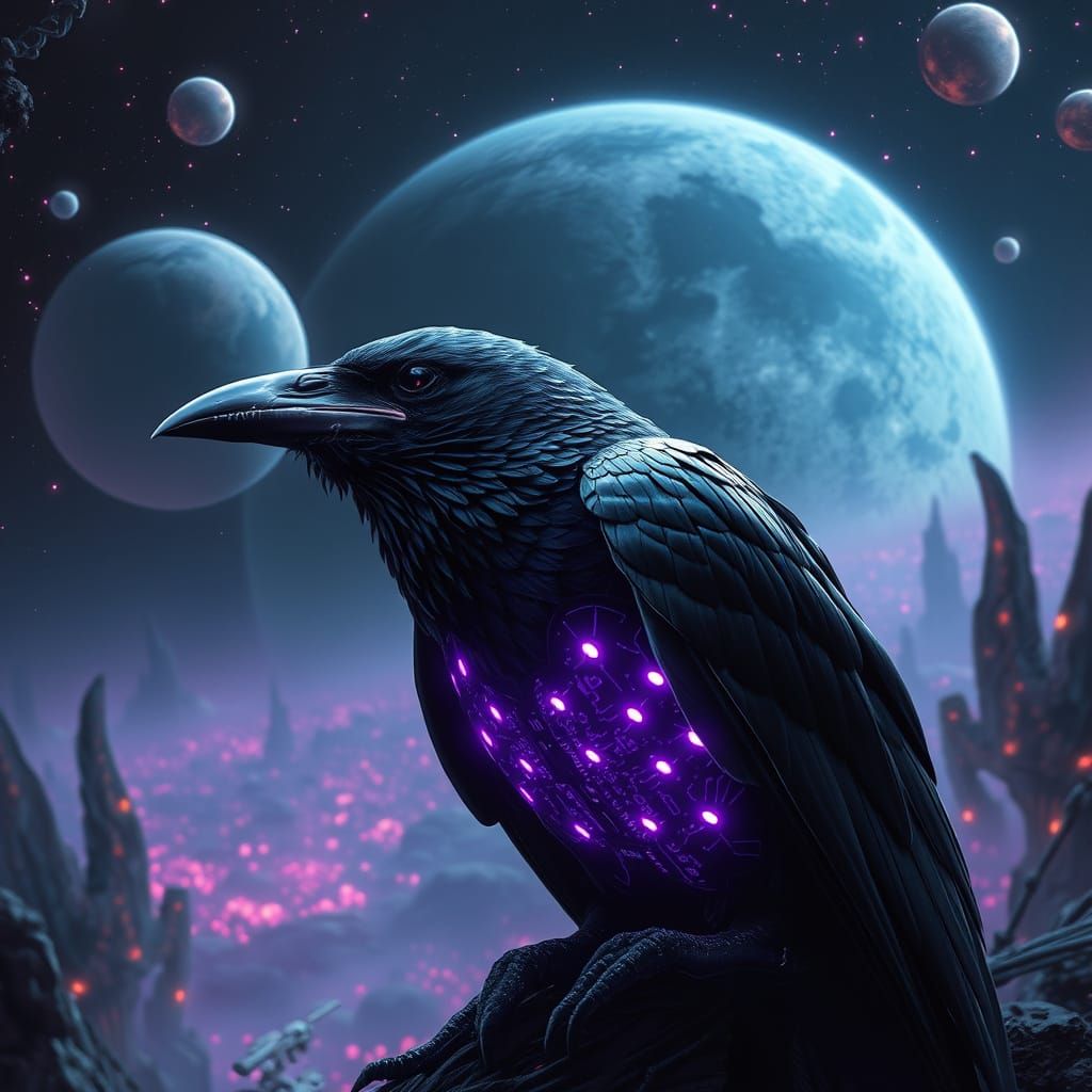 Cyberpunk Space Raven with Radiant Purple Aura