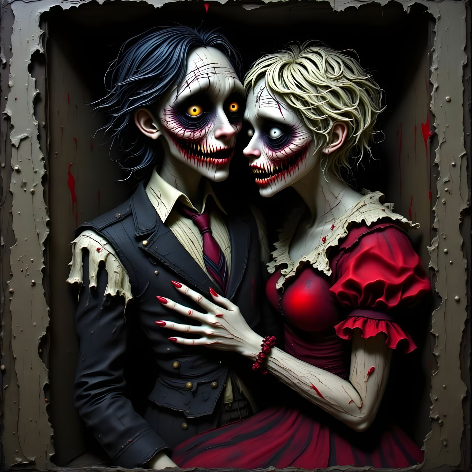Zombie Couple Photobooth Portrait in Tender Moment