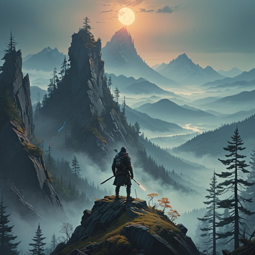 Mystical Forest Warrior in Dreamlike Matte Painting