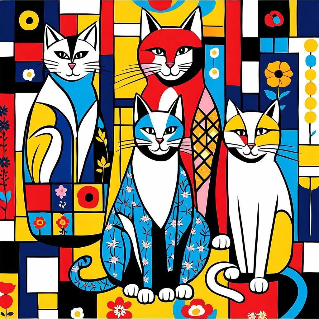 Anthropomorphic Cats Family Portrait in Naive Art Style