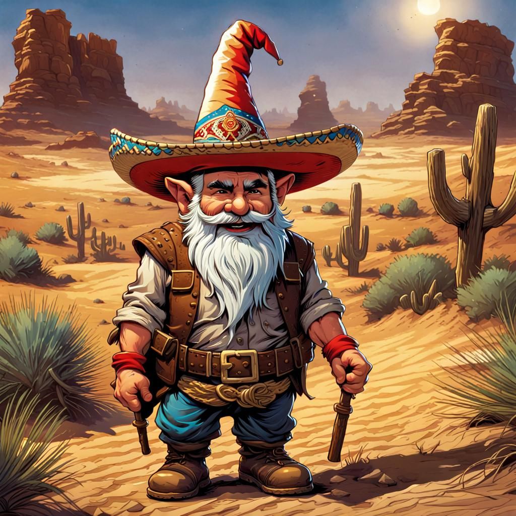 Happy Gnome in Desert Comic Book Art