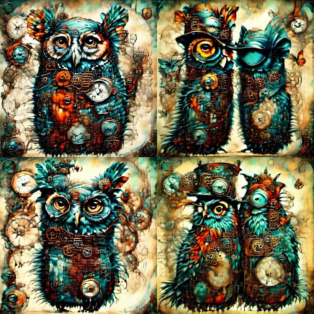 Steampunk Owls Under Crescent Moon