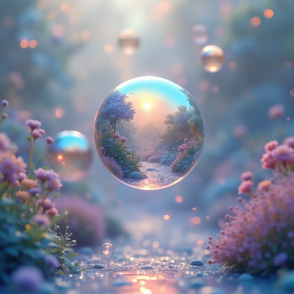 Iridescent Bubbles Reflecting Miniature Landscapes
