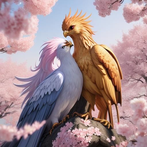 Phoenix Lovers Embrace in Anime Style