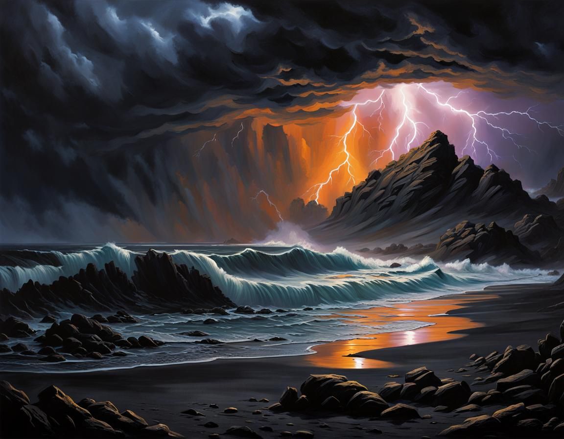 Grimdark Beach Under Lightning, Oil Painting Style