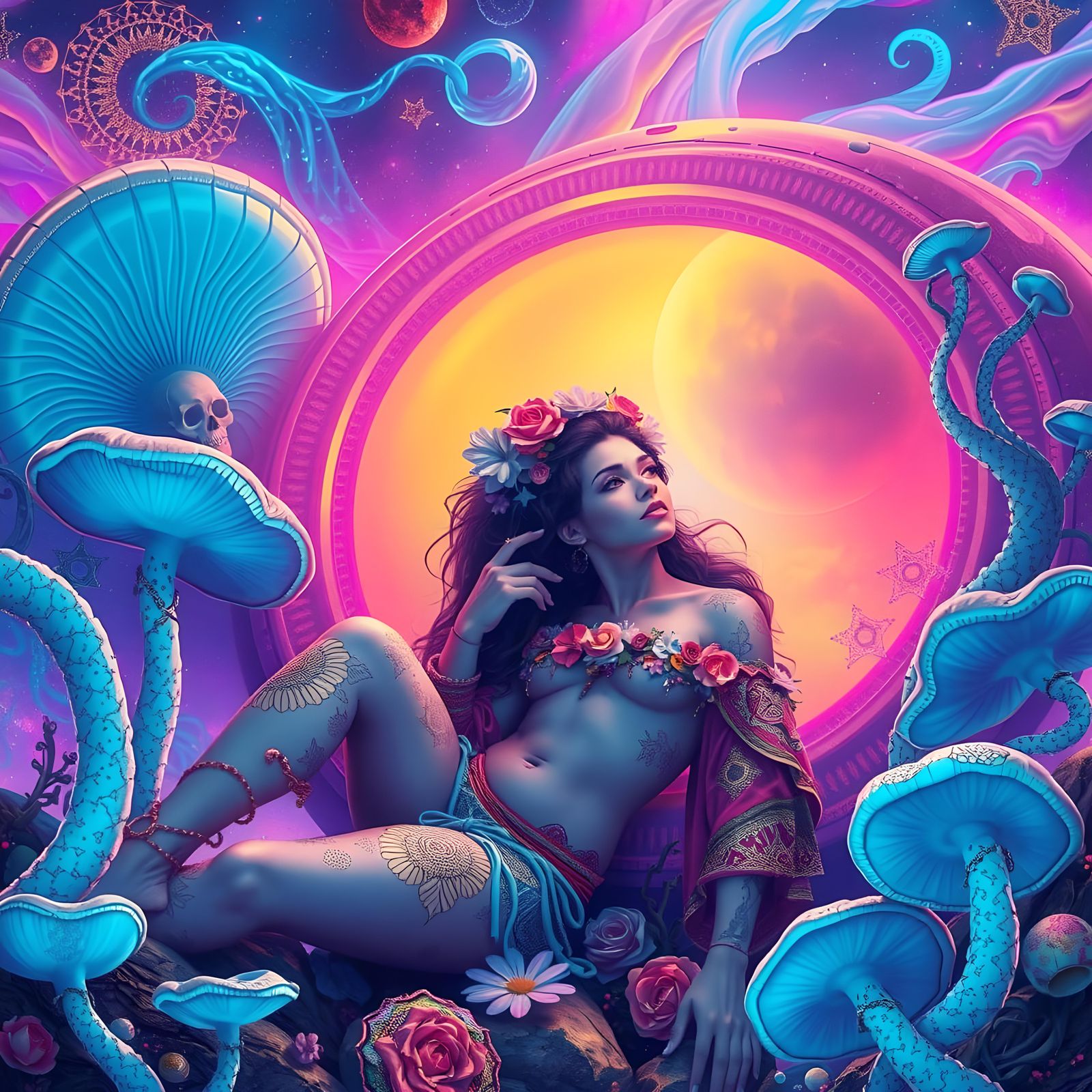 Psychedelic Goddess with Alien Spaceship, Astral Illustratio...