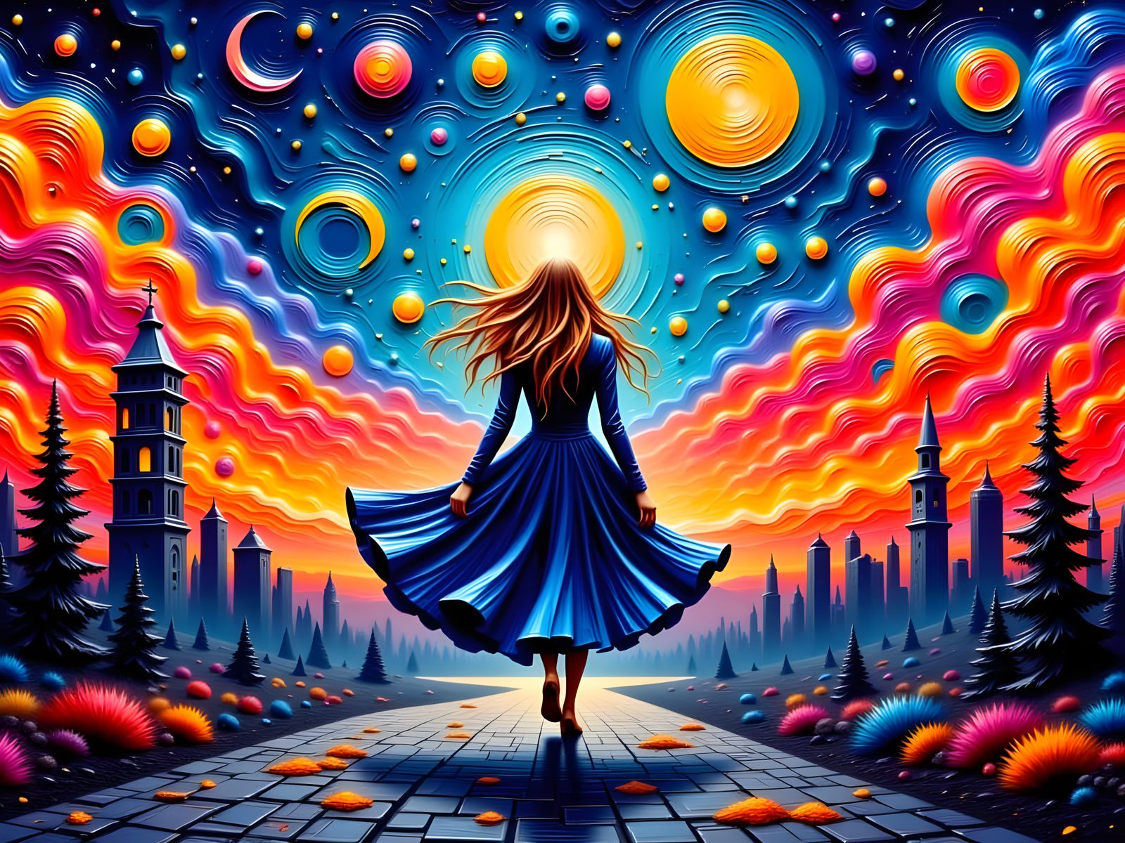 Woman in Neon Dreamscape Amidst Cyberpunk City