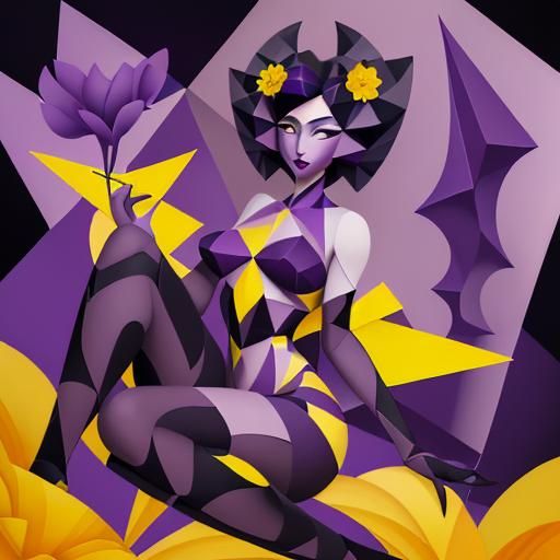 Dark Purple Fairy on Yellow Flower in Cubist Style
