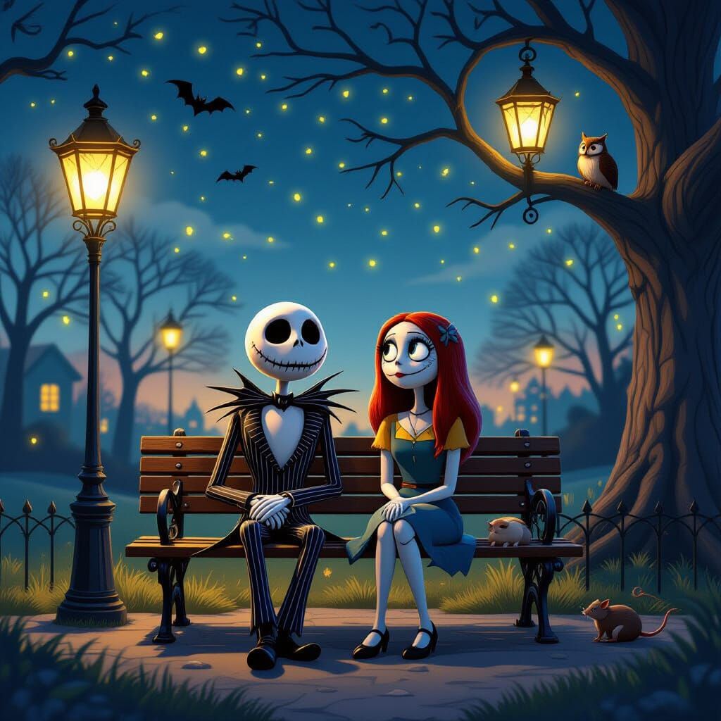 Jack Skellington and Sally in Surreal Evening Scene