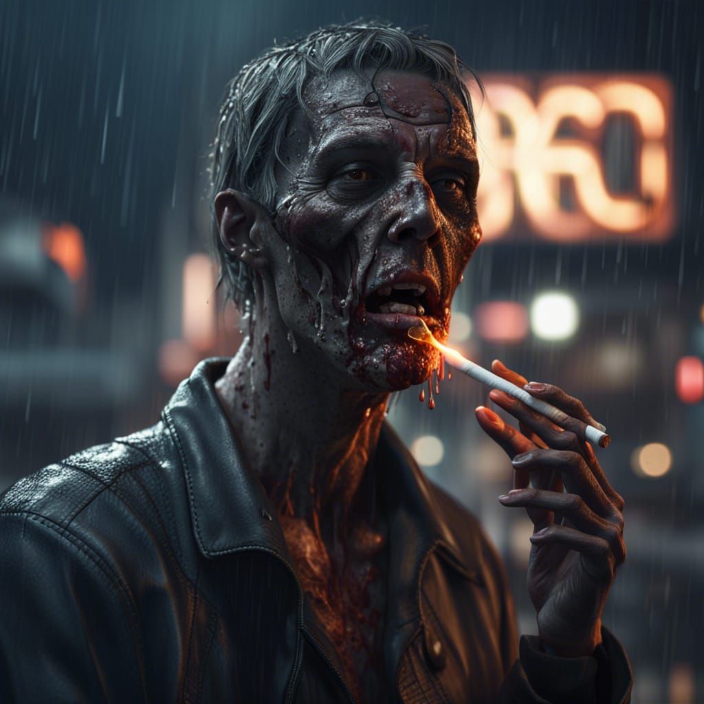Zombie Smoking in Rainy Dystopian Times Square