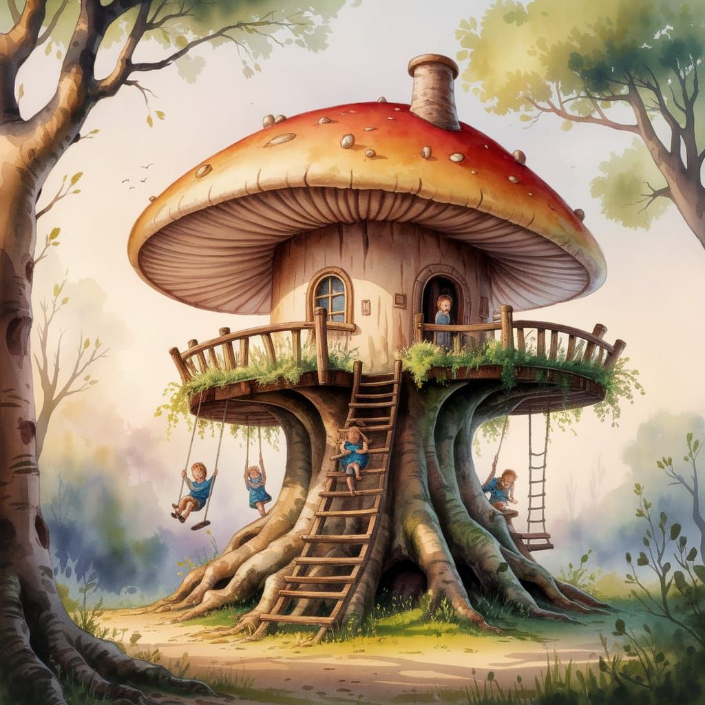 Mushroom Treehouse: A Whimsical Watercolor Painting