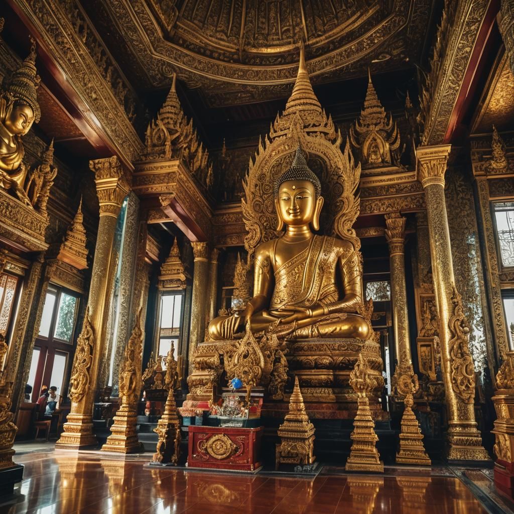 Ornate Bangkok Temple Interior with Buddha Statue