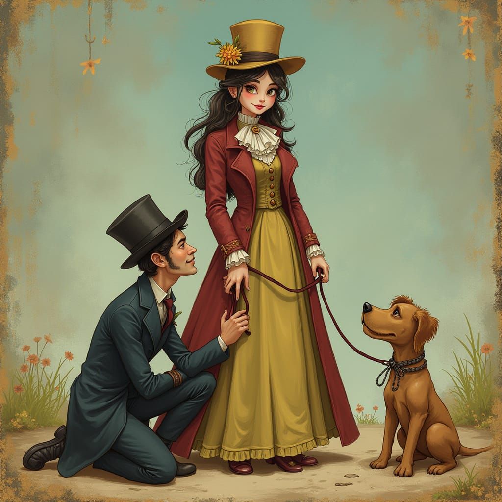 Whimsical Victorian Romance Scene in Storybook Style