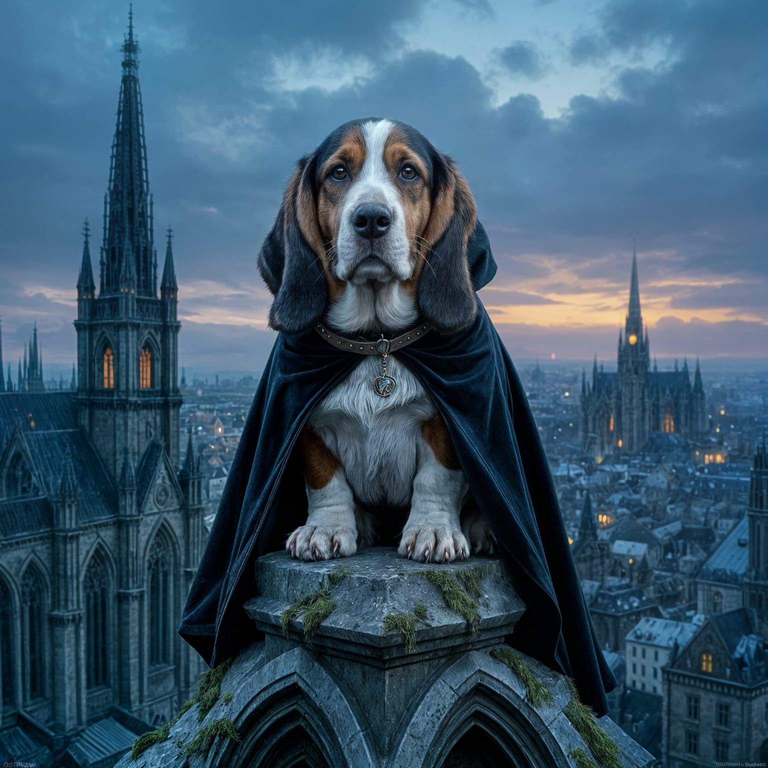 Melancholic Basset Hound on Gothic Cathedral Gargoyle