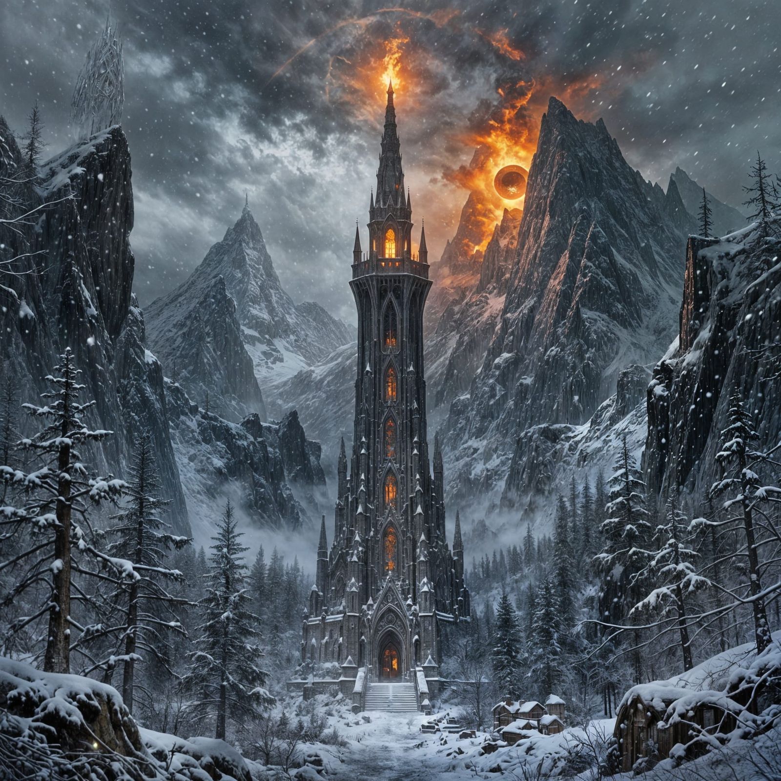 Winter Wizard Tower Under Silver Sky with Sauron's Eye