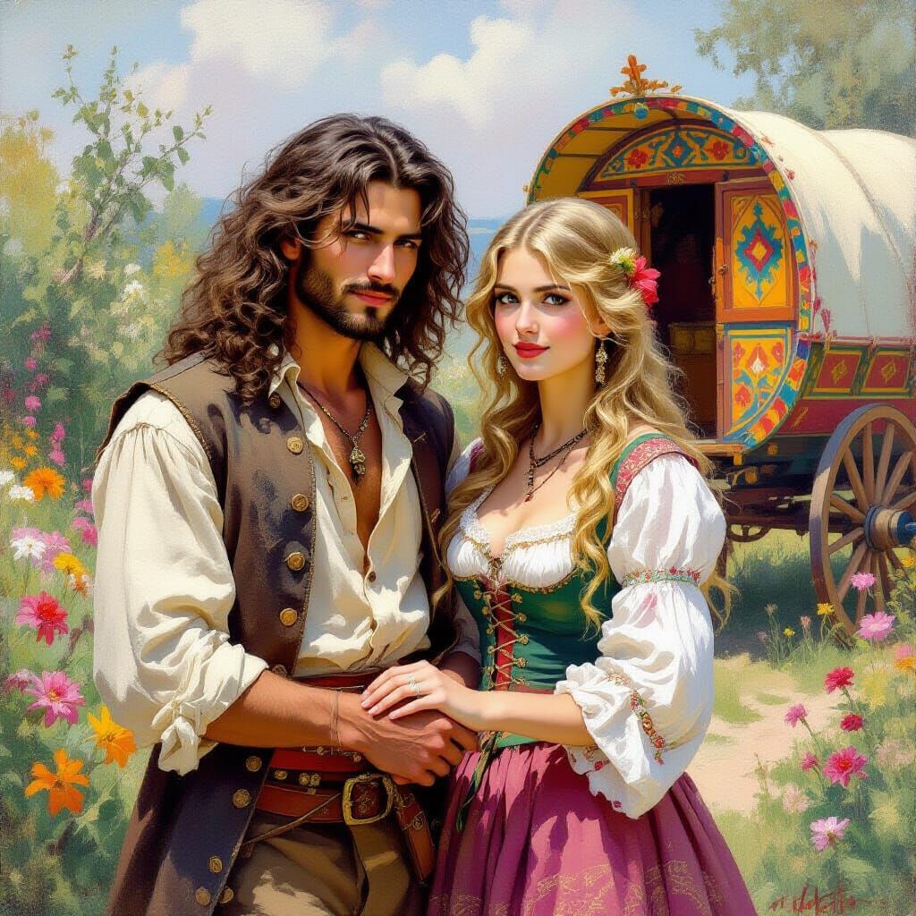 Romantic Gypsy Couple in Garden, Impressionist Painting