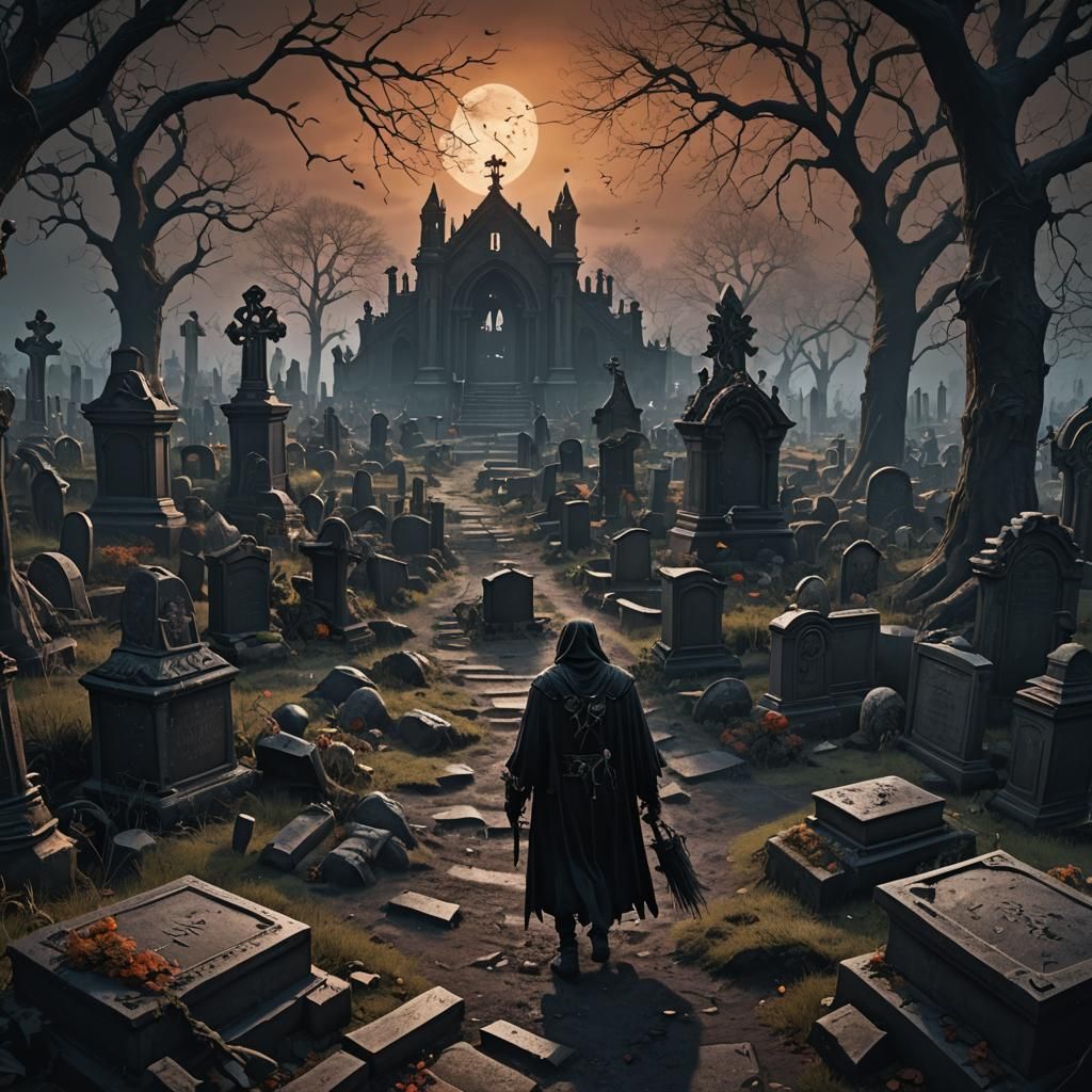 Grim Reaper in Dark Graveyard: Fantasy Concept Art